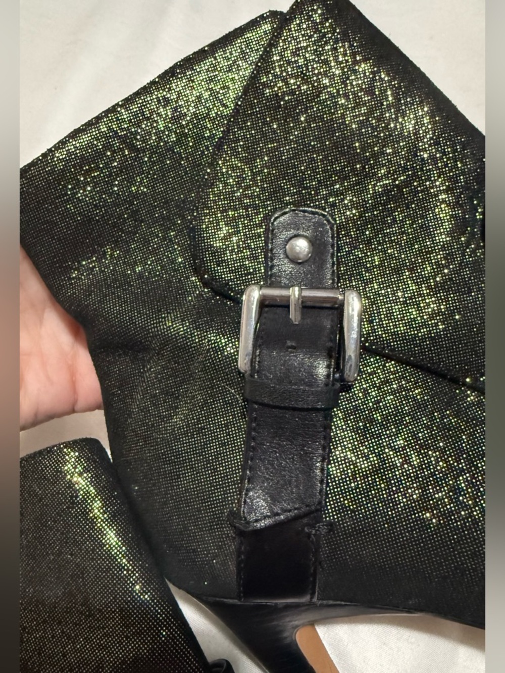 Unique Green black and gold peep toe heels booties